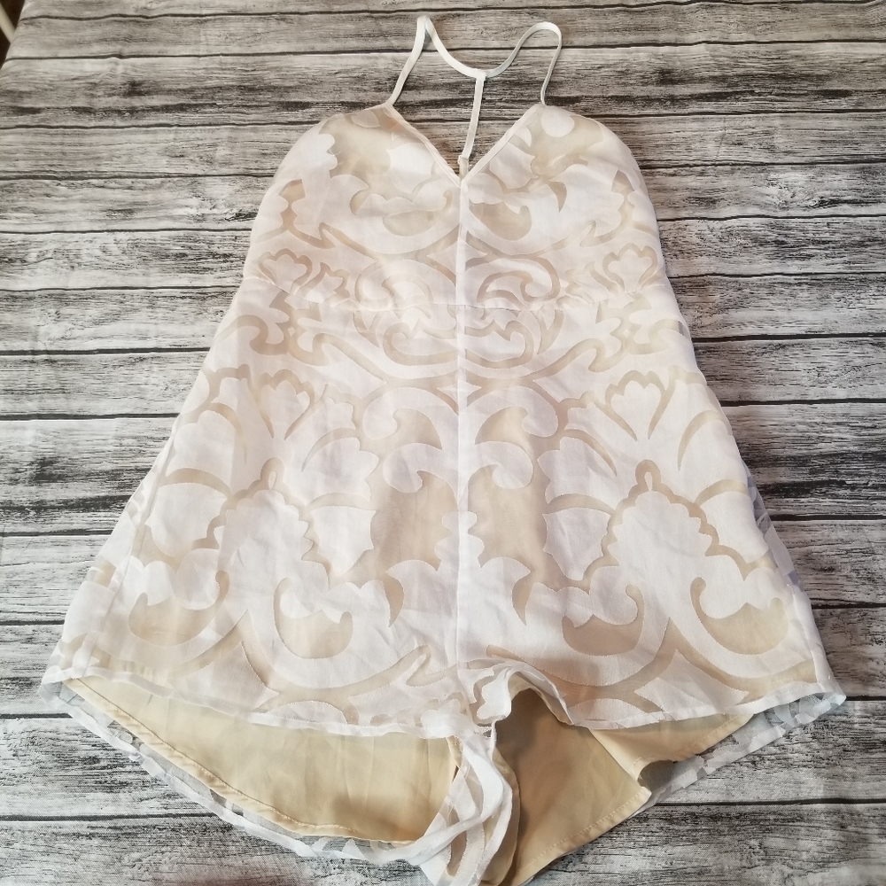 Keepsake White Lace Overlay Romper Tank Tan